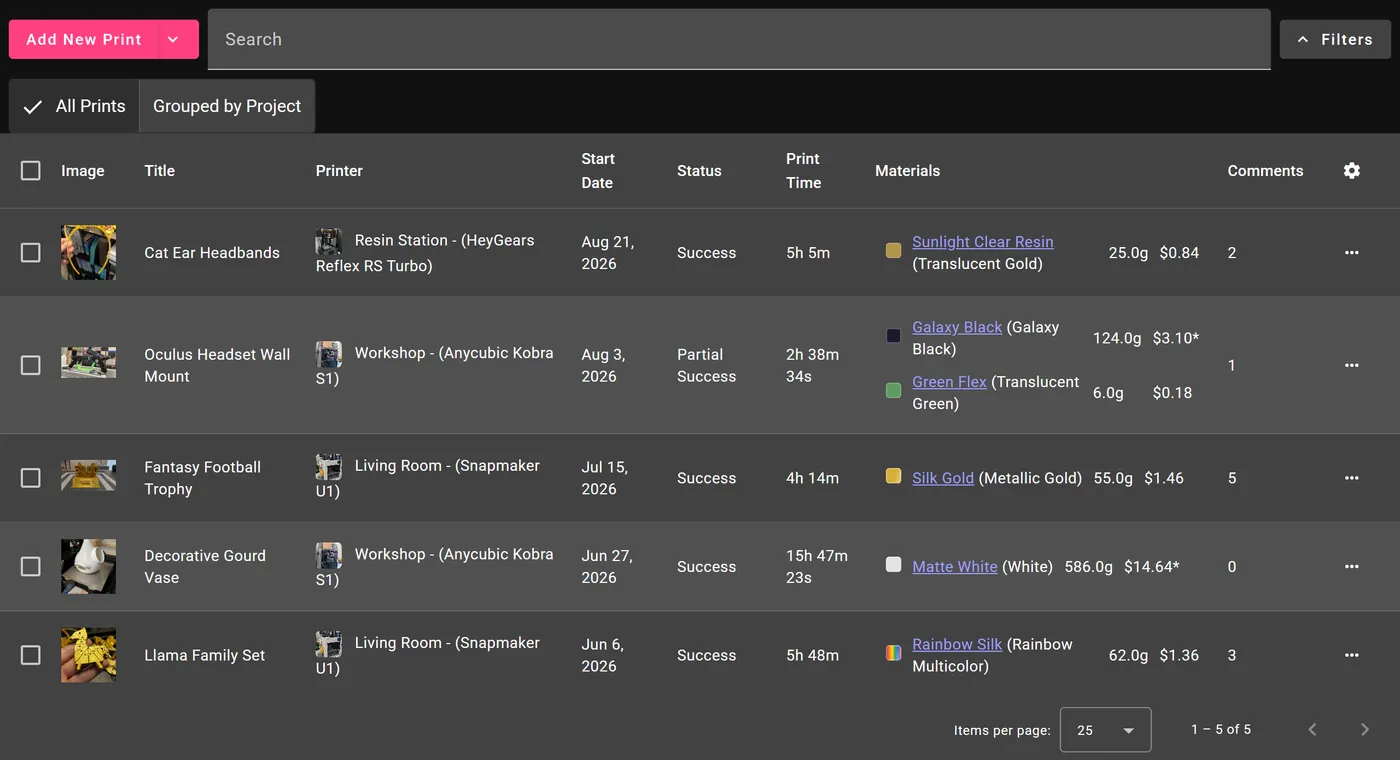The print list in 3D Print Log, showing recent prints with photos, printers, durations and the materials each used