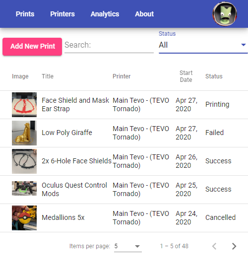 Print List with example prints and images