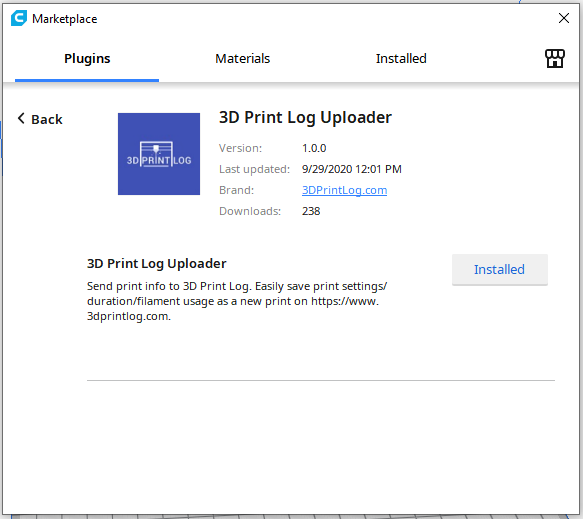 The 3D Print Log Uploader Plugin in the Cura Marketplace