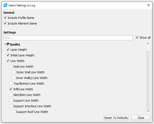 The Customize Settings to Log dialog inside of Cura