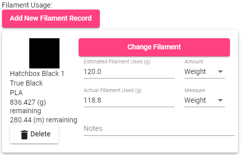 Example of Material Usage on the Print Edit Screen