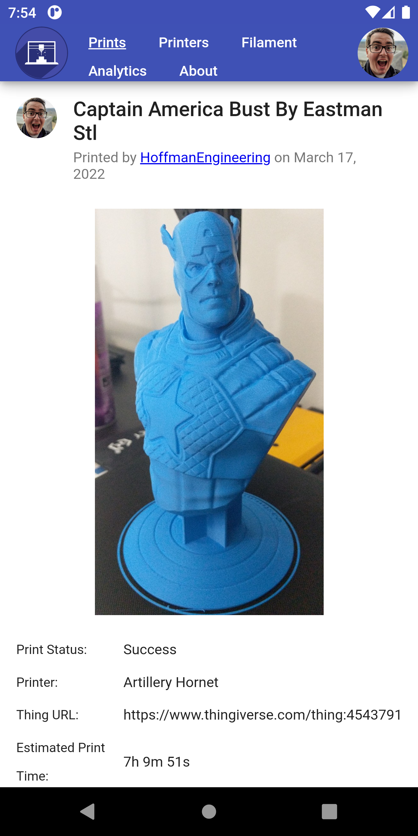 Example of a Print through the Android App featuring a Blue Captain America bust