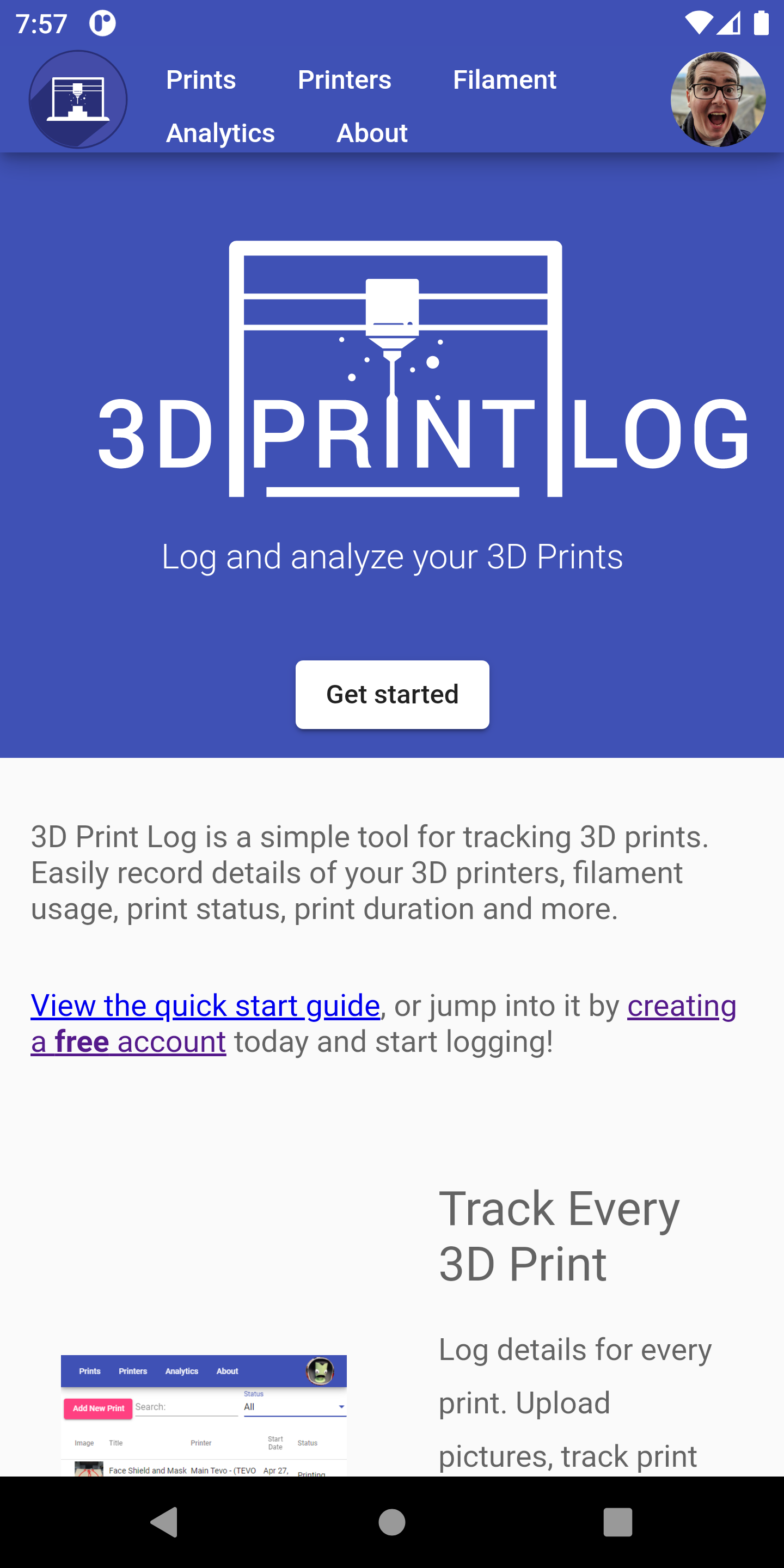 The homescreen of the Android App showing the 3D Print Log Logo