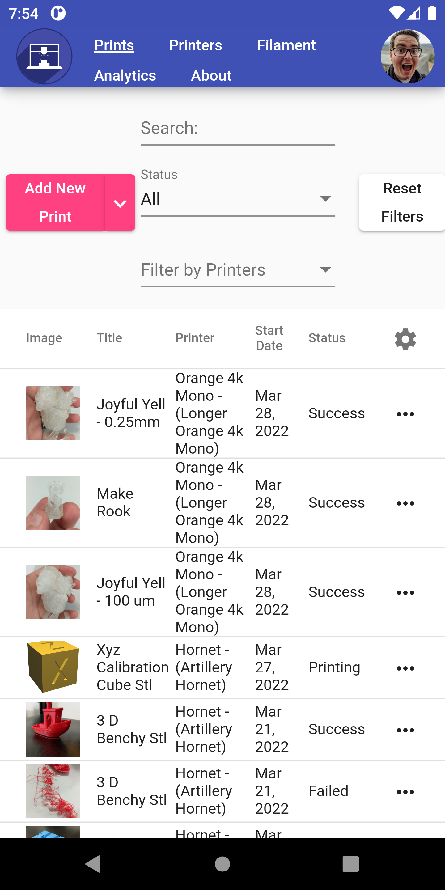 The list of prints shown in the Android App