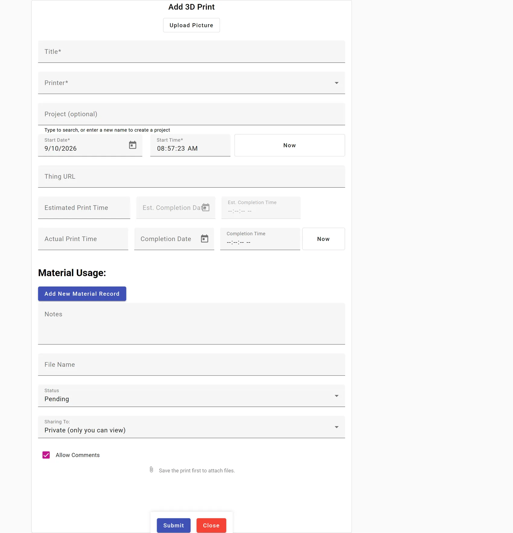 The add-print form as it opens, with the four fields above marked one to four: Title at the top, Printer below it, Start Date in the middle, and Actual Print Time in the second row of time fields