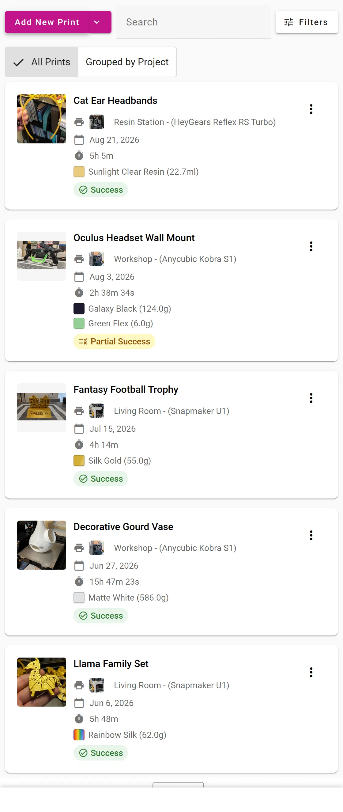 The print list on a narrow screen, showing each print as a card with its image, title, printer, start date, print time, materials and status
