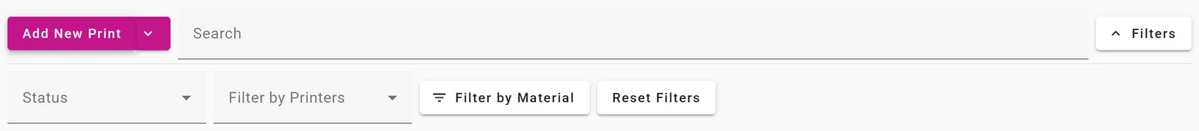 The controls above the print list: an Add New Print button, a Search box, a Filters toggle, and an open filter row with Status and Filter by Printers dropdowns beside Filter by Material and Reset Filters buttons
