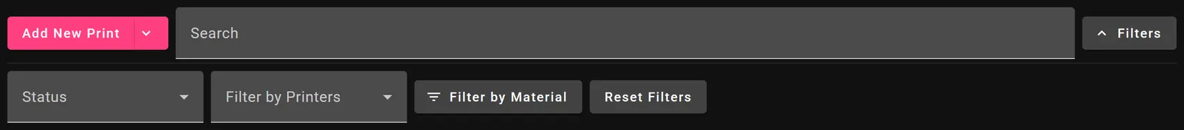 The controls above the print list: an Add New Print button, a Search box, a Filters toggle, and an open filter row with Status and Filter by Printers dropdowns beside Filter by Material and Reset Filters buttons