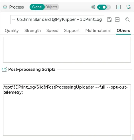 The Others tab of an OrcaSlicer process preset, with the Post-processing Scripts box containing the path to the uploader followed by --full --opt-out-telemetry