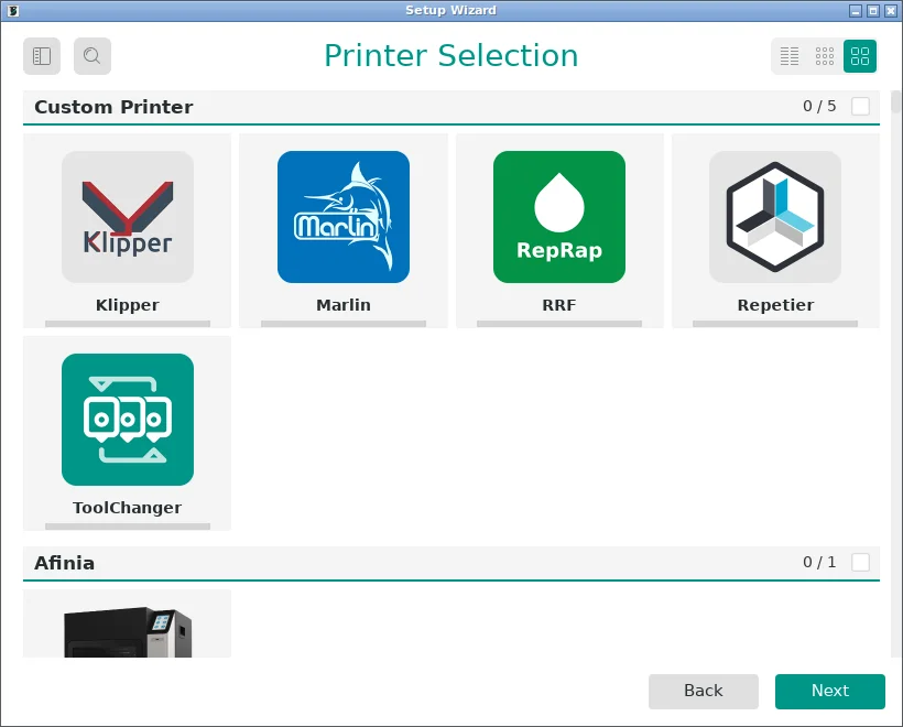 OrcaSlicer's Printer Selection page, listing Klipper, Marlin, RepRap, Repetier and ToolChanger custom printers followed by vendor sections