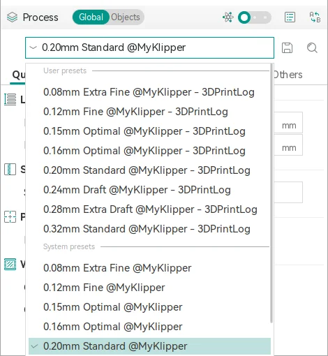 OrcaSlicer's Process dropdown open, showing eight user presets from 0.08mm Extra Fine to 0.32mm Standard, each suffixed with - 3DPrintLog, above the unmodified system presets