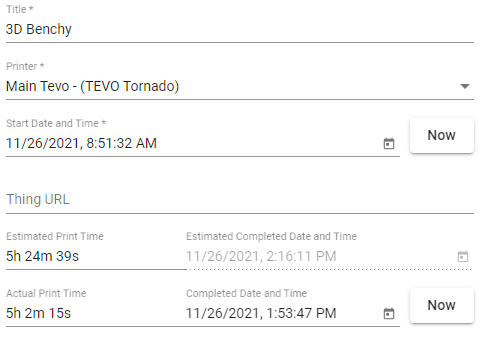 The Edit 3D Print page showing the new Start and Completed date and time fields.