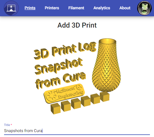 The Add 3D Print screen with the cura snapshot as the print image.