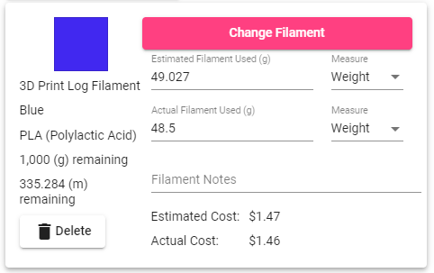 The Edit 3D Print page showing the new filament cost.